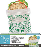 Lunchskins Ziptop BPI Certified Compostable & Resealable Freezer-Safe Food Storage Bags, Sandwich Size, 50 Bags - Eco-Friendly,