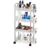DKALIO 4 Tier Rolling Cart with Hanging Basket, Acrylic Storage Carts with Lockable Wheels, Utility Carts Storage Organizer Serv