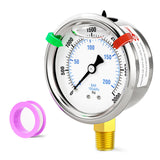BOGERDACK 0-3000psi Stainless Steel 1/4 NPT 2.5 Dial, Glycerin Liquid Filled Pressure Gauge Lower Mount Designed for Pressure Te