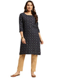 rangita Navy Rayon Calf Length Printed Straight Kurti for Women | Kurta for Women_XL