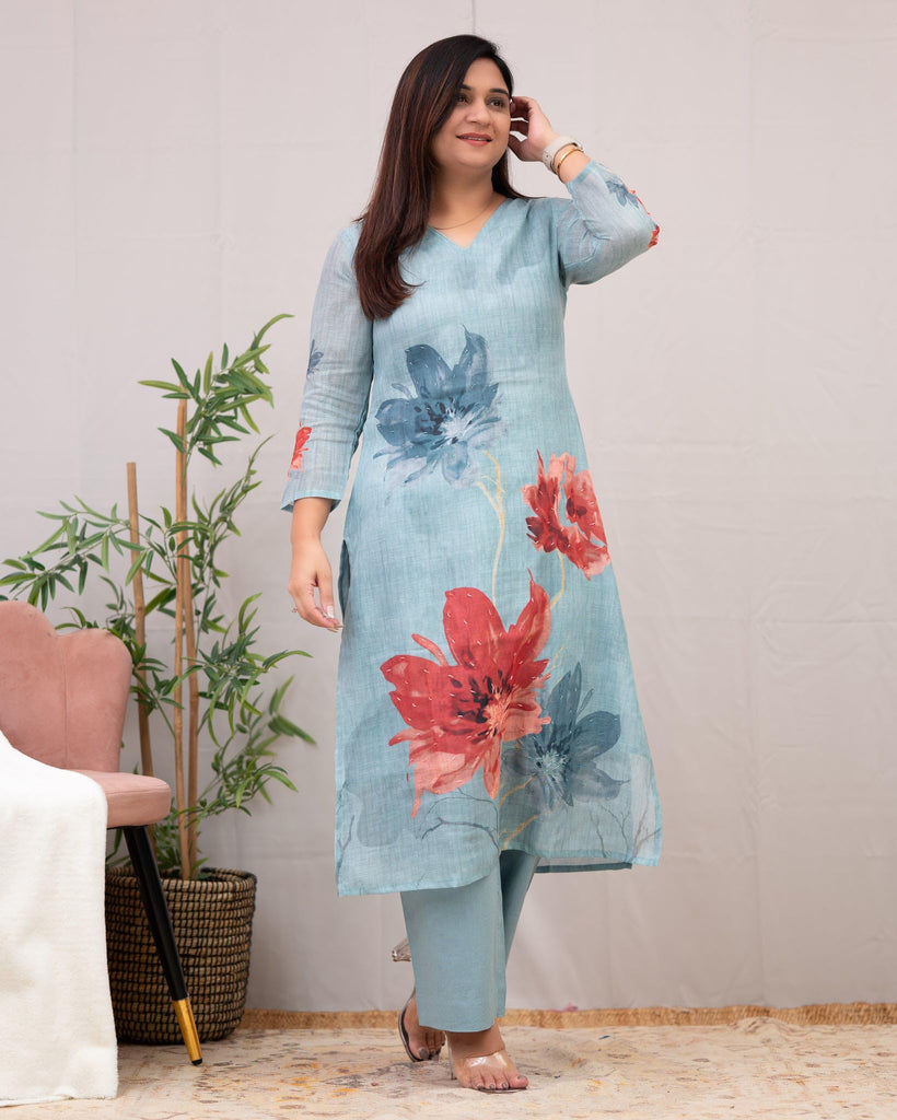 Anni Designer Women'S Rayon Viscose Straight Printed Kurta With Pant (Susan Sky-Vks01_Xl_Sky Blue_X-Large),Sky Blue,XL,,,