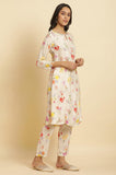 W Cream Floral Printed Women'S Kurta Dupatta Bottomwear Set