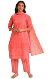 W for Woman Geometric Knee Length Cotton Woven Women's Kurta Pant Dupatta Set (RED,Large)
