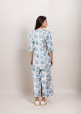 Smowkly Women'S Printed Rayon Slub Mid Thighs Short Kurti With Relaxed Fit Pant Sylish Co-Ords Set || Trendy 3/4 Sleeve Kurta & Palazzo Cord Pair (Sky Blue-Small)