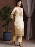 Libas Womens Printed Crepe Straight Kurta With Trousers And Dupatta Beige 2Xl