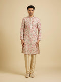 Manyavar Men'S Linen Blend Digital Floral Print Long Kurta (Pink,3Xl)