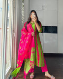Anni Designer Women'S Cotton Blend Straight Printed Kurta With Pant & Dupatta (Sibori-Methi-Pac_Xxl_Green_Xx-Large),Green,2XL,Cotton Blend,Regular,