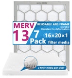 OlitAir 16x20x1 MERV 13 Air Filter,AC Furnace Air Filter,Reusable ABS Plastic Frame, 7 Pack Replaceable Filter Media (Actual Siz