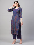 Anni Designer Women'S Cotton Blend Printed Straight Kurta With Pant (Punya Blue-Gnw_M_Dark Blue_Medium),Dark Blue,M,Cotton Blend,Regular,
