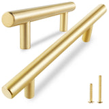 QOGRISUN 2-Pack Solid Brass Cabinet Pulls, Gold Euro Style T Bar Handles, 3-3/4-Inch Hole Center for Kitchen Drawer Dresser Cupb