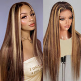 OOVVDA 28 Inch Honey Blonde Lace Front Wigs Human Hair Ombre Highlight 13x6 HD Lace Front Wig Human Hair Pre Plucked 200% Densit