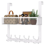 Consumest Over The Door Hooks Organizer - Door Hanger with Mesh Basket & 16 Coat Rack Hooks, Back Storage Organizer for Bedroom,