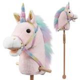 HollyHOME Unicorn Stick Horse with Wood Wheels Real Pony Neighing and Galloping Sounds Plush Unicorn Toy Pink with Rainbow Mane