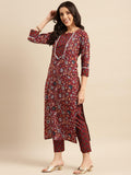 Anni Designer Women'S Cotton Blend Printed Straight Kurta With Pant (Win Red_S_Red_Small),Red,S,Cotton Blend,Regular,