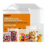 1000pcs Small Zip Bags Assorted Sizes (2x3, 3x4, 4x4, 4x6, 3x5 inch 200pcs each) - for Craft & Jewelry Storage, Food Grade Plast