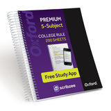 Oxford Spiral Notebook with Free Study App, 5 Subject, College Ruled, Ultra Smooth Paper, No Ink BleedThrough, Strong Poly Blac