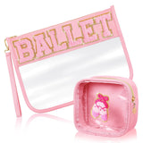 SUILU 2 Pcs Ballet Gifts Cosmetic Makeup Bag with Chenille Letter Patch,with Handles PVC Waterproof Clear Makeup Bag,Portable To