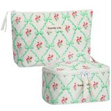 HAOGUAGUA 2 Pieces Makeup Bag, Small Large Quilted Cosmetic Bag, Travel Floral Make Up Toiletry Organizer Bag for Women Girls (2