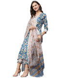 Anni Designer Women'S Cotton Blend Straight Printed Kurta With Pant & Dupatta (Kuntu Blue-Nw_Xxl_Blue_Xx-Large),Blue-Cream,2XL