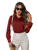 IndoPrimo Womens Plain Satin Casual Shirt | Elegant Western Long Sleeve Shirt for Women, Red, L