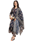 Anni Designer Women'S Rayon Blend Straight Printed Kurta With Pant & Dupatta (Alaya Navy Blue-Vks01_S_Navy Blue_Small),Navy Blue,S,,,