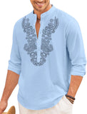 FINIVO FASHION Mens Cotton Blend Short Kurta with Long Sleeves and Ethnic Collar | Casual Crinkle Texture Kurta with Mandarin Collar, Sky blue, Small