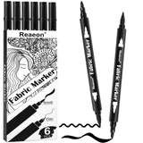 Reaeon Black Fabric Markers, Dual Tip Fabric Paint Markers, Permanent Fabric Pens for Clothes, T Shirts, Canvas, Bags (6pack)