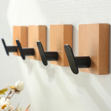 DELITON Towel Hooks Wall Mounted - Adhesive Bathroom Coat Hooks for Hanging Robes Clothes Light Brown, Black Solid Wood Beech Wa