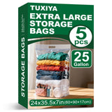 5 PACK 25 Gallon Extra Large Storage Bags, 35.5x 24x 7 Resealable Clear Zipper Bags with Handle, Heavy Duty Big Bag for Clothes