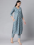 Anni Designer Women'S Cotton Blend Printed Straight Kurta With Pant (Jinki-Grey_Xl_Dark Blue_X-Large),Grey,XL,Cotton Blend,Regular,Pants