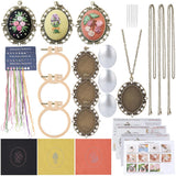 Sunnyclue Diy 3 Sets Embroidery Necklace Kits Embroidery Necklace Pendant With Chains Hoops Cloth Spring Flowers Pattern Stitch