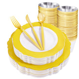 WDF 150pieces Yellow Disposable Dinnerware Hign-end Baroque Design - Sturdy&Durable Baroque Yellow Sunshine&Gold Plastic Dinnerw