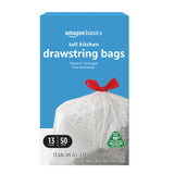 Amazon Basics 13 Gallon Flextra Strength Tall Kitchen Drawstring Trash Bags, Tear Resistant, 10% Post Consumer Recycled, 50 Coun