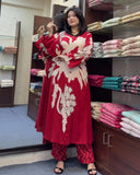 Anni Designer Women'S Cotton Blend Straight Printed Kurta With Palazzo (Cukari Red-Vks01_L_Red_Large),Red,L,,,