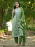 Libas Womens Printed Cotton Straight Kurta With Trousers And Dupatta Green L 48889