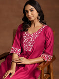 Libas Womens Yoke Design Silk Blend A-Line Kurta With Trousers Pink M