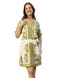Oxolloxo Women Green Floral Scarf Print Short Sleeve VNeck Button Down Short Dress With Waist Belt