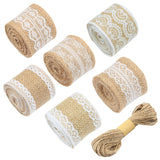 6 Rolls Natural Burlap Ribbon with White Lace and 32 Feet Jute Twine for DIY Home Decoration, Wedding Party and Gift Packaging