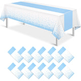 12Pcs White Light Blue Tablecloth Party Decorations,Plastic White Table Cloth Printed Baby Blue Tables Runner Disposable Rectang