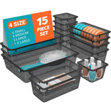 SpaceHacks 15 PCS Clear Plastic Drawer Organizer Set, 4-Size Acrylic Drawer Storage Trays, Storage Bins for Makeup, Gadgets, and