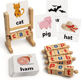 Aasmudrat Wooden Reading Blocks Short Vowel Rods Spelling Games, Flash Cards Turning Rotating Letter Puzzle For Kids, Sight Word