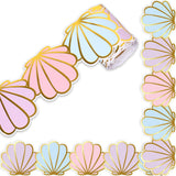 Whaline 32.8Ft Summer Pastel Shell Bulletin Board Border Gold Foil Beach Party Die Cut Trim Border Roll for Summer Sea Theme Cla