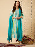Anni Designer Women'S Cotton Blend Straight Printed Kurta With Pant & Dupatta (Tiedye-Rama Blue_Xxl_Blue_Xx-Large),Blue,2XL,Cotton Blend,Regular,