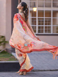 Satrani Women'S Floral Printed Viscose Satin Saree With Unstitched Blouse Piece (3753S156N_Cream & Red3)