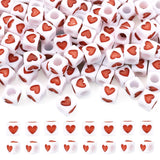 Beadthoven 100pcs White Acrylic Heart Cube Beads 7mm Plastic Cube Pony Beads Red Love Heart Large Hole Acrylic Beads for Necklac