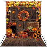 Fall Thanksgiving Backdrop Autumn Harvest Maple Leaf Pumpkin Photography Background Rustic Wooden Floor Barn Door Banner Friends