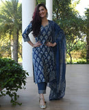 Anni Designer Women'S Rayon Straight Printed Kurta With Pant & Dupatta(Bulgeriya-Blue_Xl_Blue_X-Large),Blue,XL,Rayon,Straight,