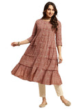 rangita Rust Cotton Calf Length Printed Tiered Flared Kurti for Women | Kurta for Women_M