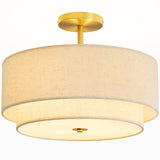 Double Drum 3 Light Semi Flush Mount Ceiling Light, Close to Ceiling Light Fixture, 16 Inch with Fabric Linen Shade, Gold Brass,