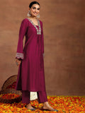 Libas Gerua Womens Yoke Design Silk Blend Straight Kurta With Trousers Maroon Xl